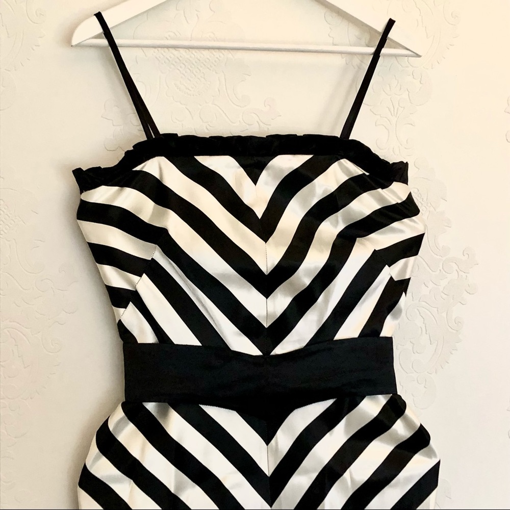 Vintage Satin Black and Ivory Striped Body-con Dress with Detachable Belt